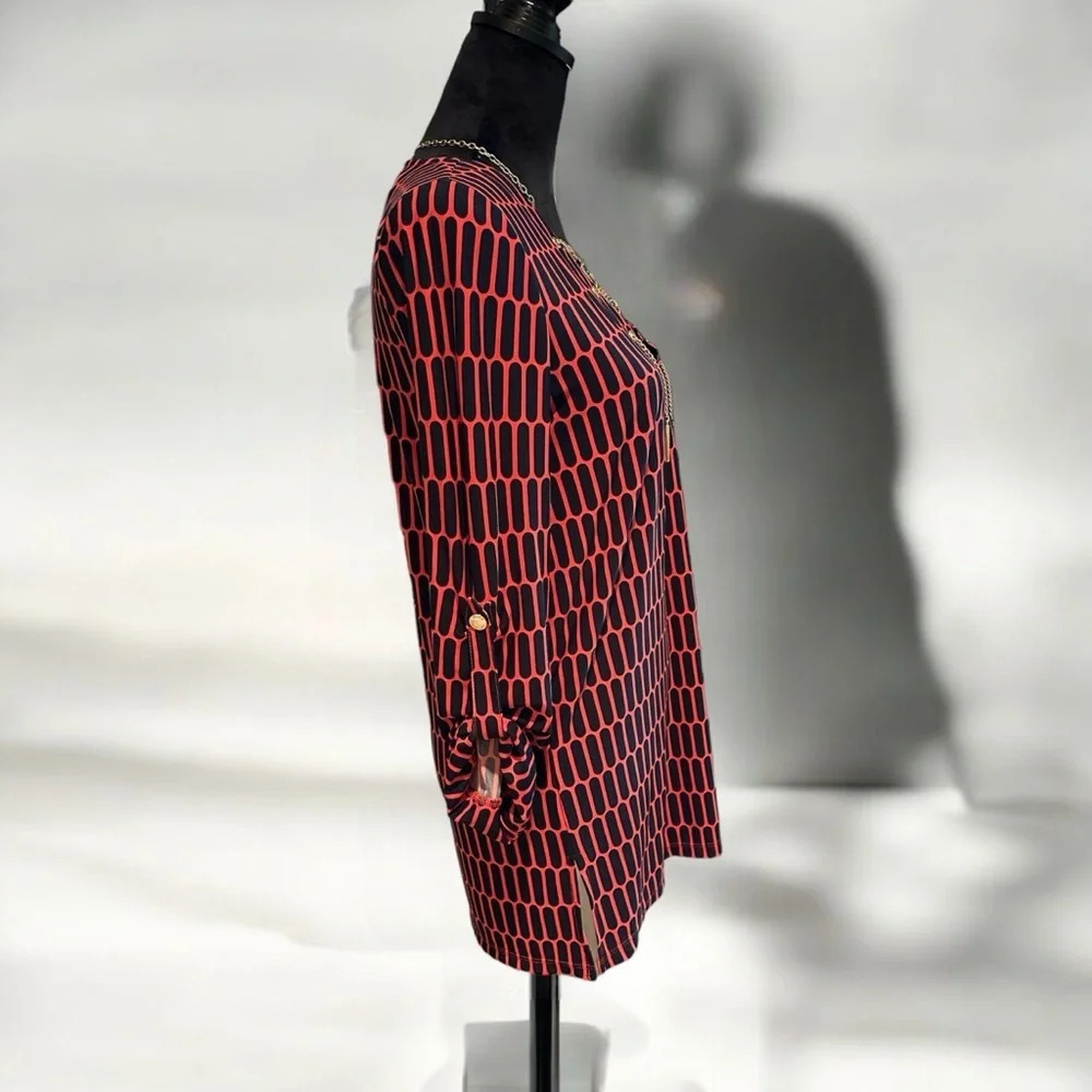 Michael Michael Kors Red‎ Black Geometric Print Gold chain Lace up  tunic top - Picture 6 of 8